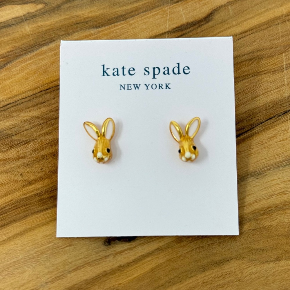 Kate Spade Bunny Rabbit Stud Earrings Gold Enamel Whimsical Cottagecore Easter